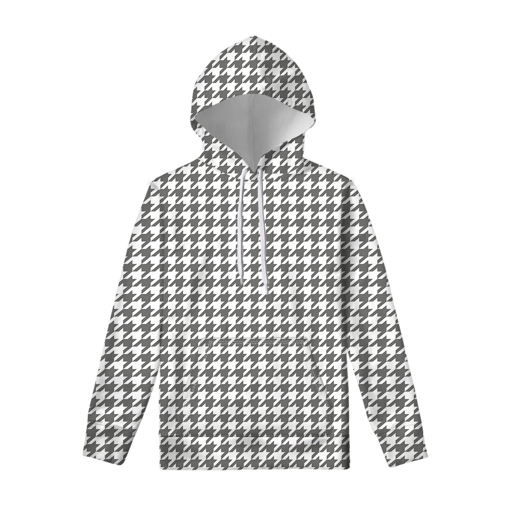 Grey And White Houndstooth Pattern Print Pullover Hoodie