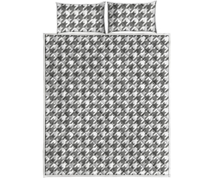 Grey And White Houndstooth Pattern Print Quilt Bed Set