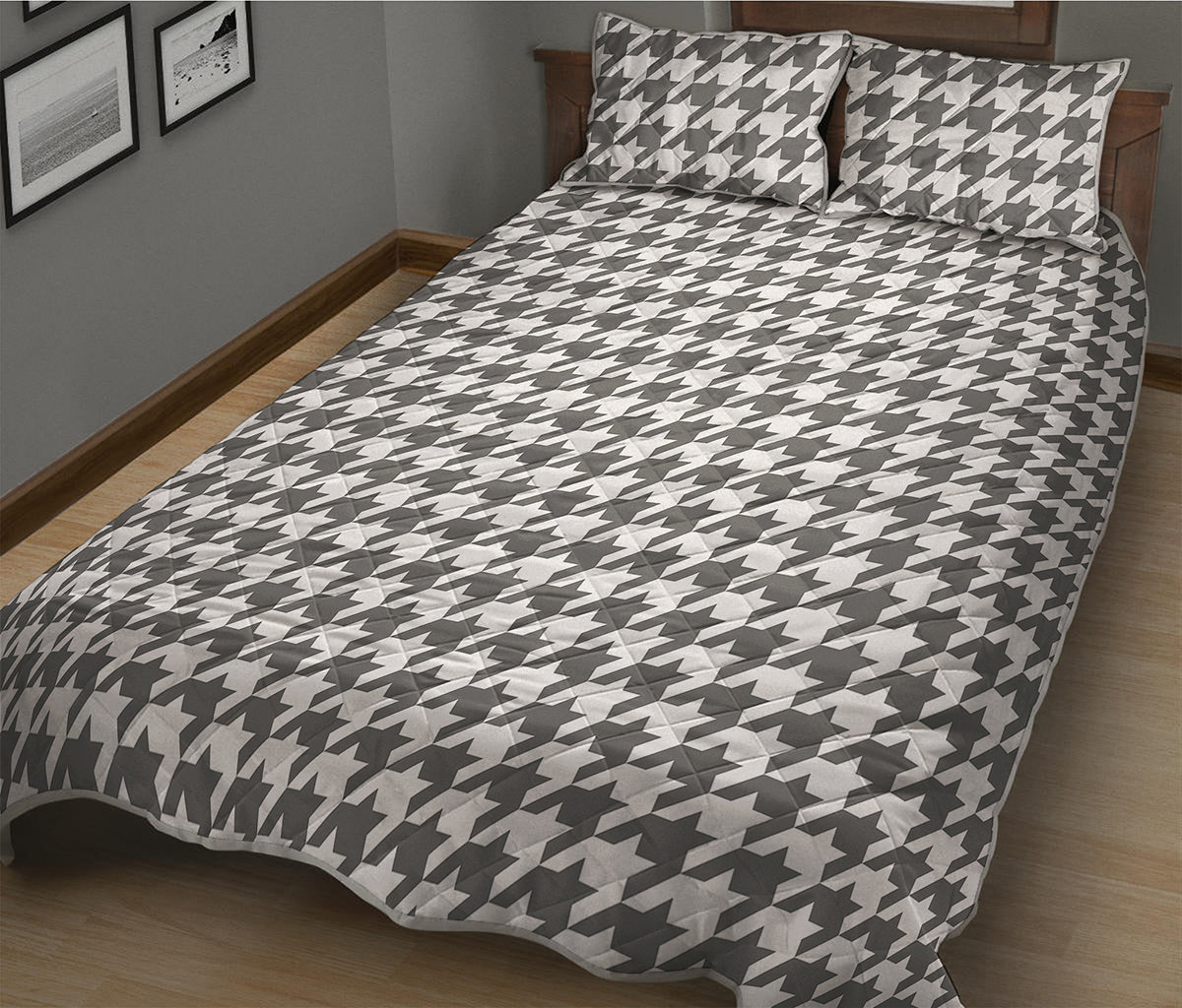 Grey And White Houndstooth Pattern Print Quilt Bed Set