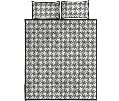 Grey And White Houndstooth Pattern Print Quilt Bed Set