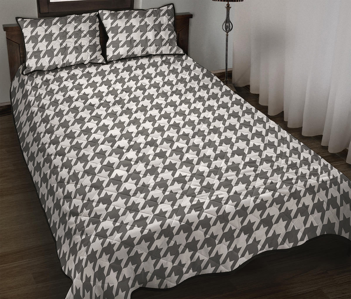 Grey And White Houndstooth Pattern Print Quilt Bed Set