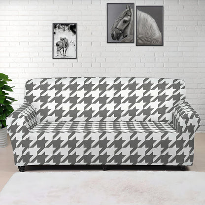 Grey And White Houndstooth Pattern Print Sofa Cover