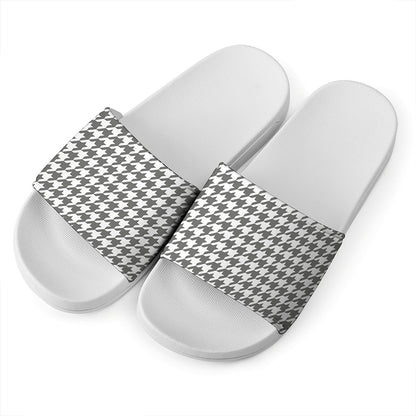 Grey And White Houndstooth Pattern Print White Slide Sandals
