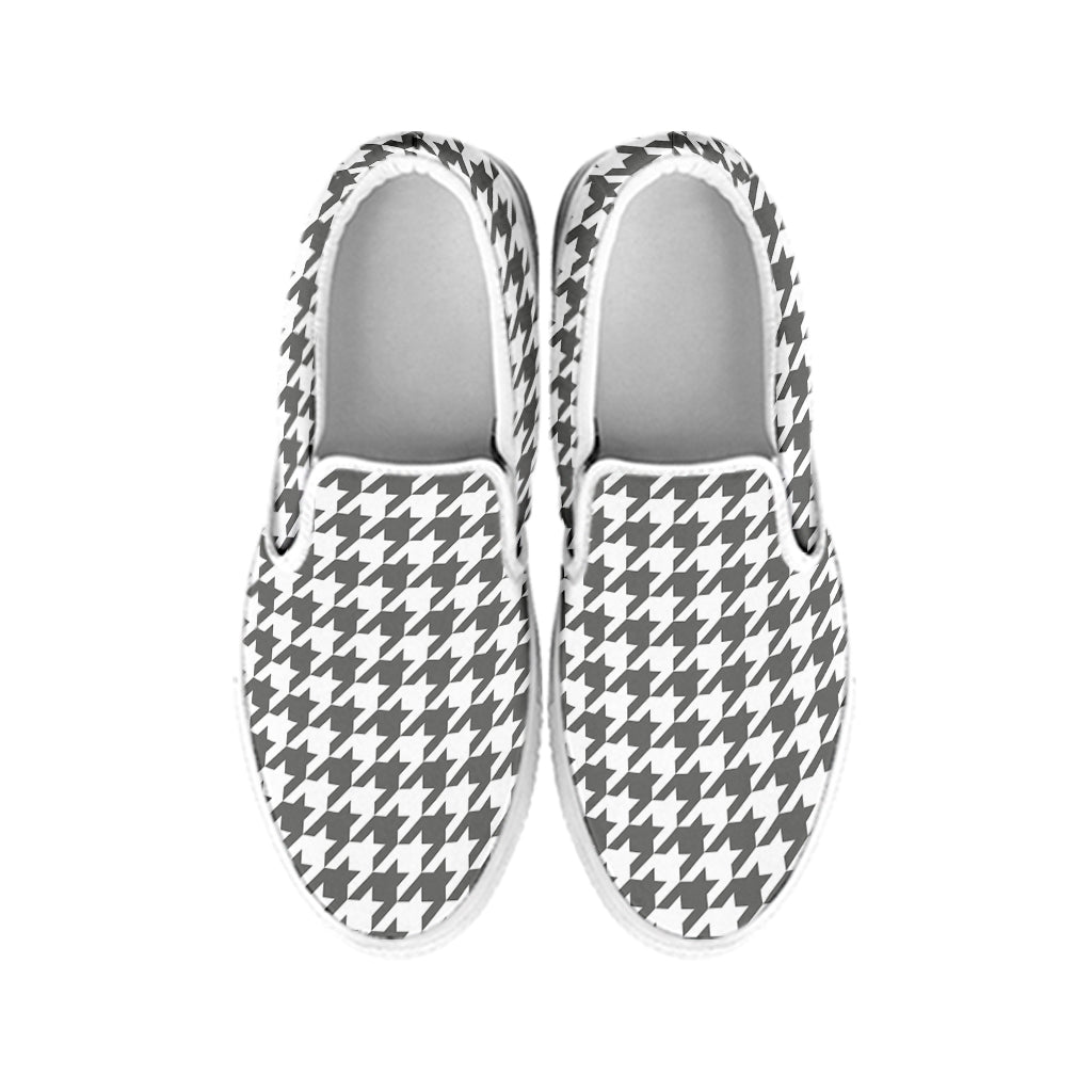 Grey And White Houndstooth Pattern Print White Slip On Shoes