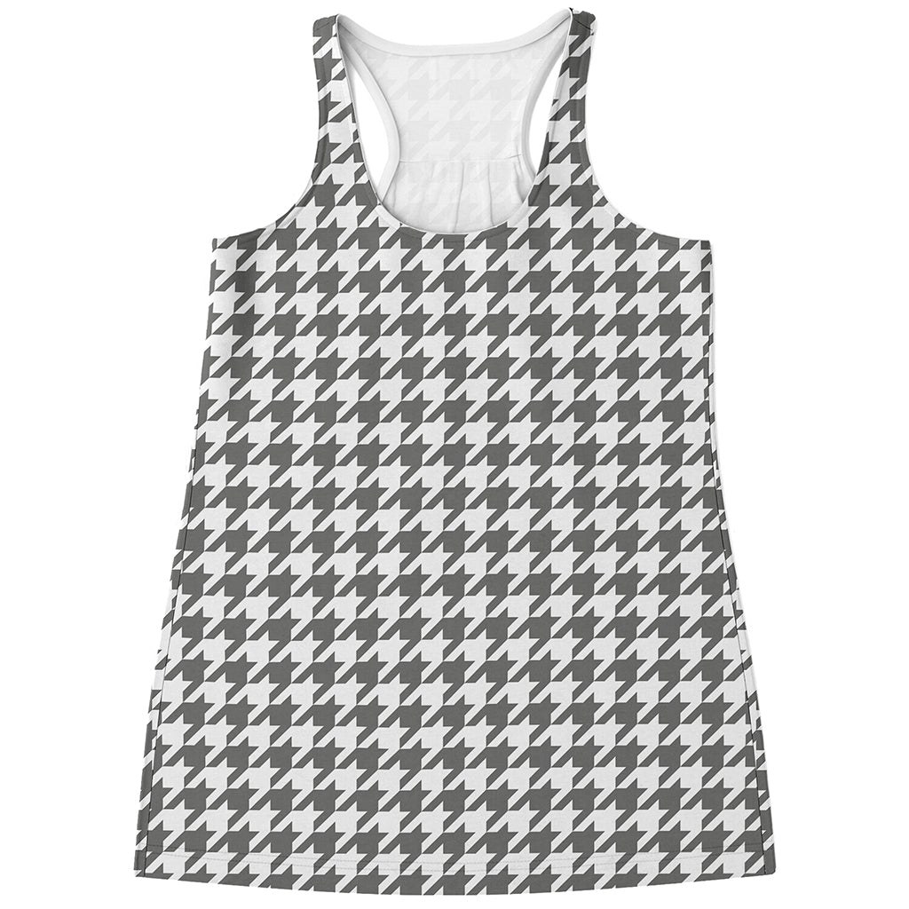 Grey And White Houndstooth Pattern Print Women's Racerback Tank Top