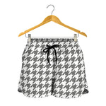 Grey And White Houndstooth Pattern Print Women's Shorts