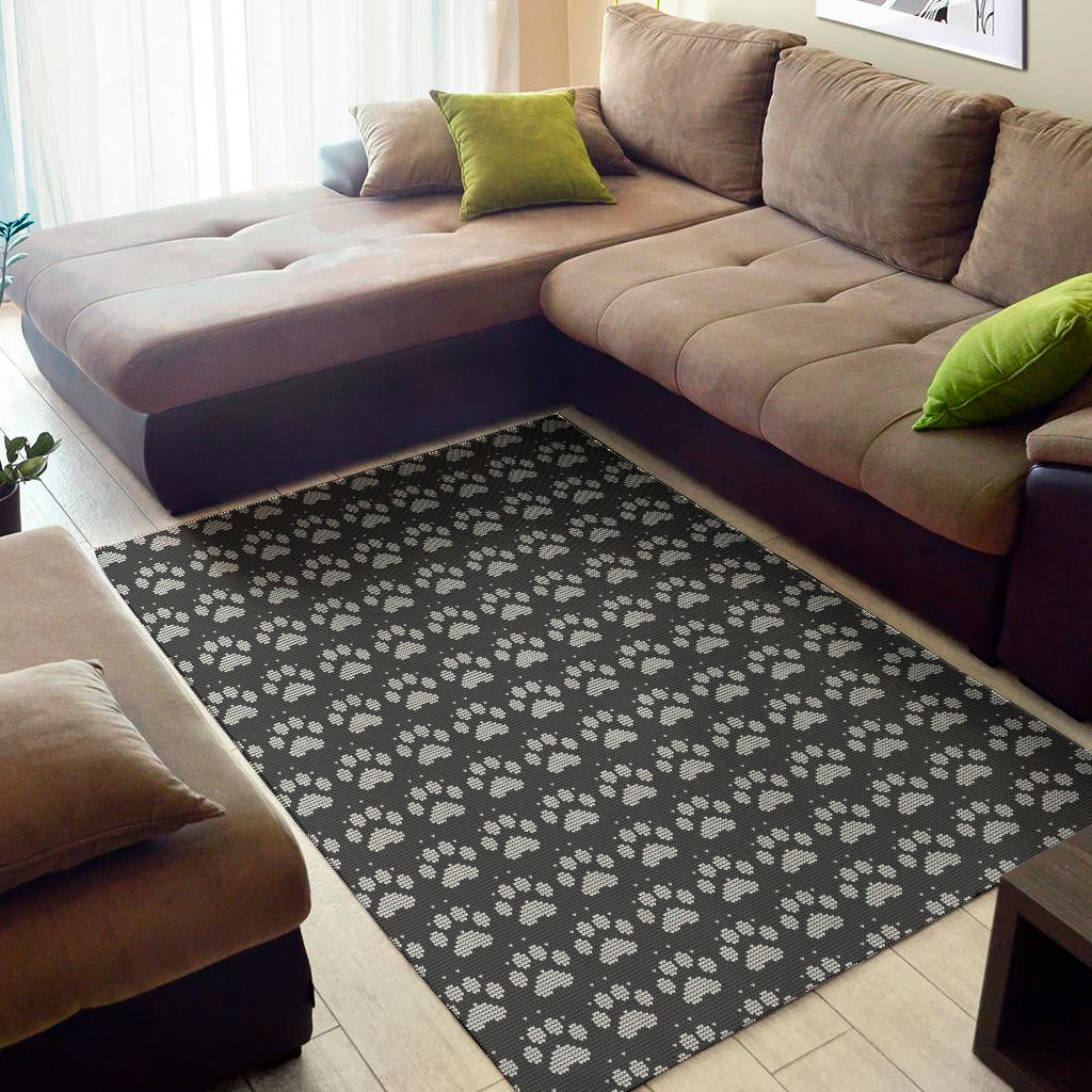 Grey And White Paw Knitted Pattern Print Area Rug