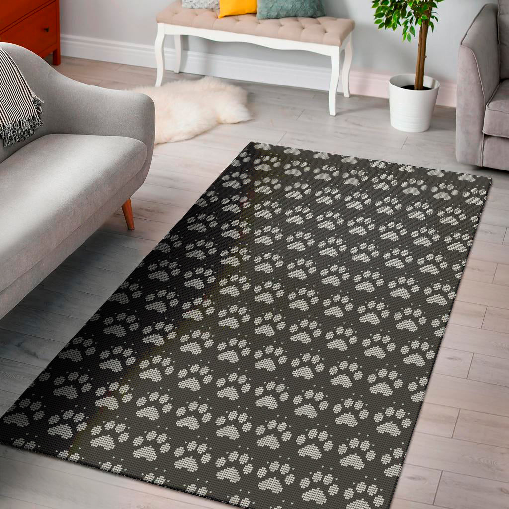 Grey And White Paw Knitted Pattern Print Area Rug