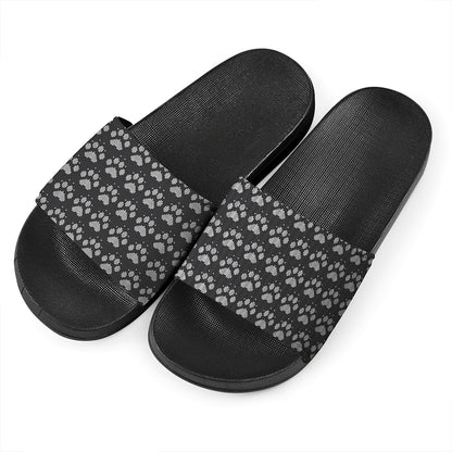 Grey And White Paw Knitted Pattern Print Black Slide Sandals