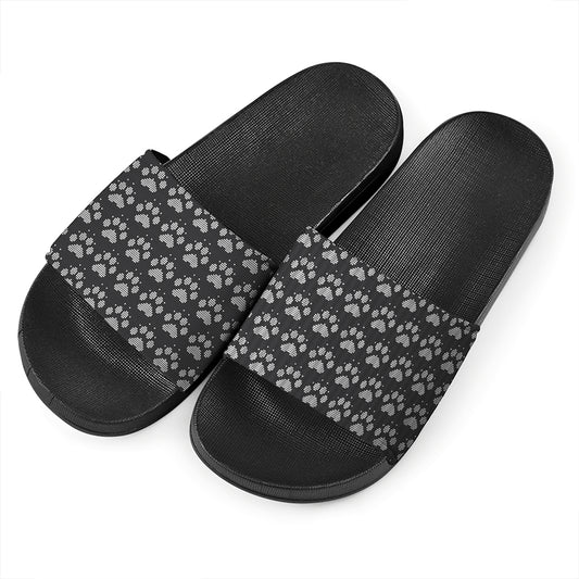 Grey And White Paw Knitted Pattern Print Black Slide Sandals