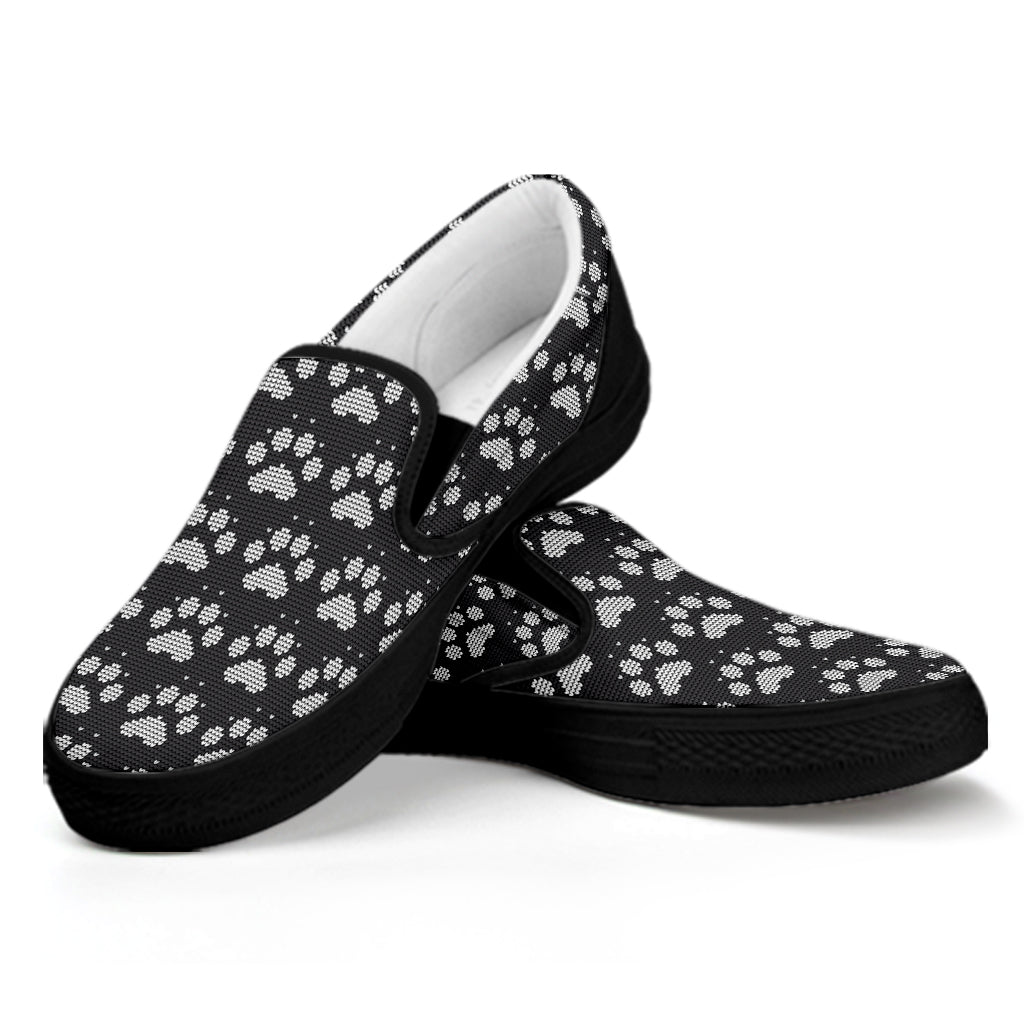 Grey And White Paw Knitted Pattern Print Black Slip On Shoes
