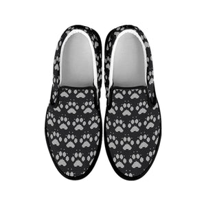 Grey And White Paw Knitted Pattern Print Black Slip On Shoes