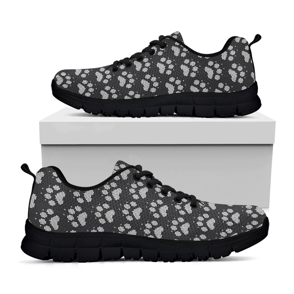 Grey And White Paw Knitted Pattern Print Black Sneakers