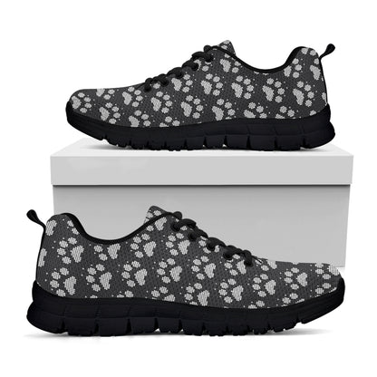 Grey And White Paw Knitted Pattern Print Black Sneakers