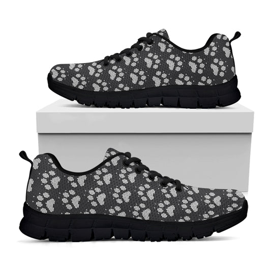 Grey And White Paw Knitted Pattern Print Black Sneakers