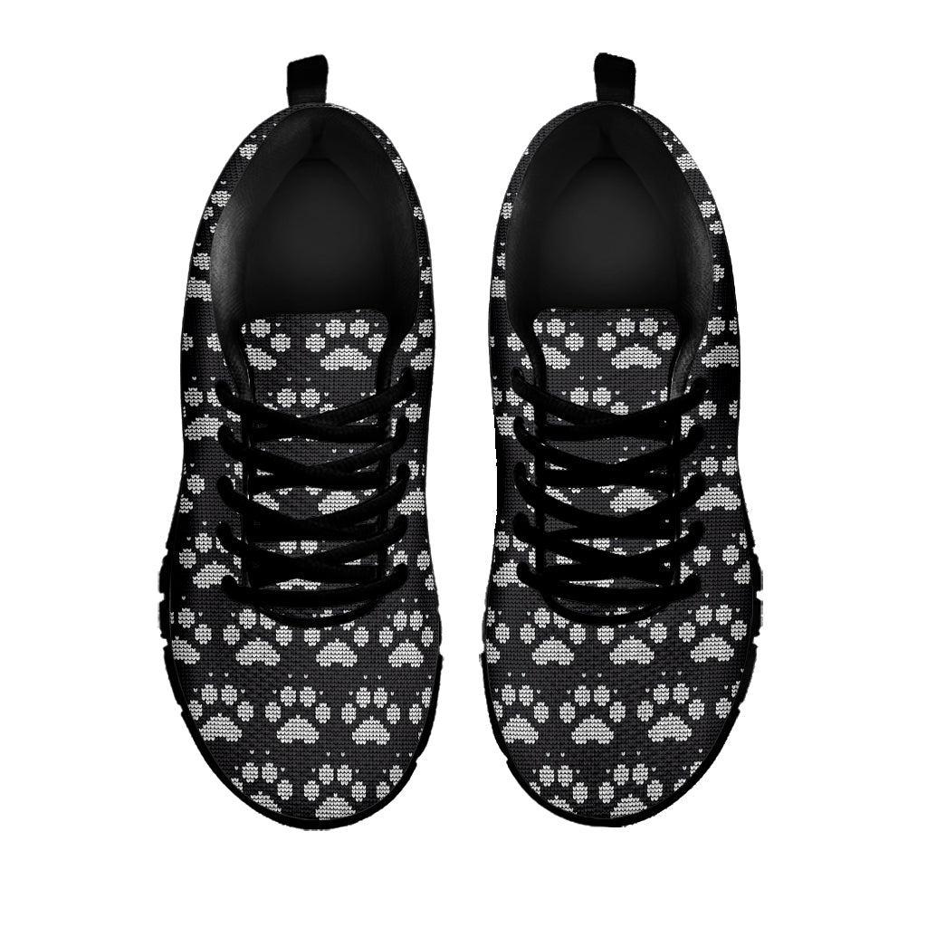 Grey And White Paw Knitted Pattern Print Black Sneakers