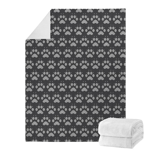 Grey And White Paw Knitted Pattern Print Blanket