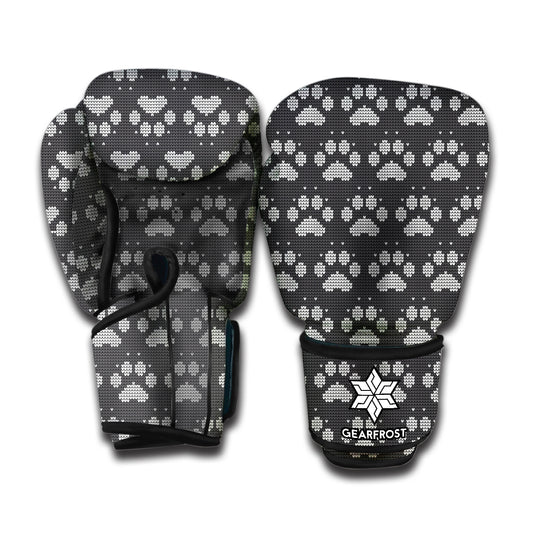 Grey And White Paw Knitted Pattern Print Boxing Gloves