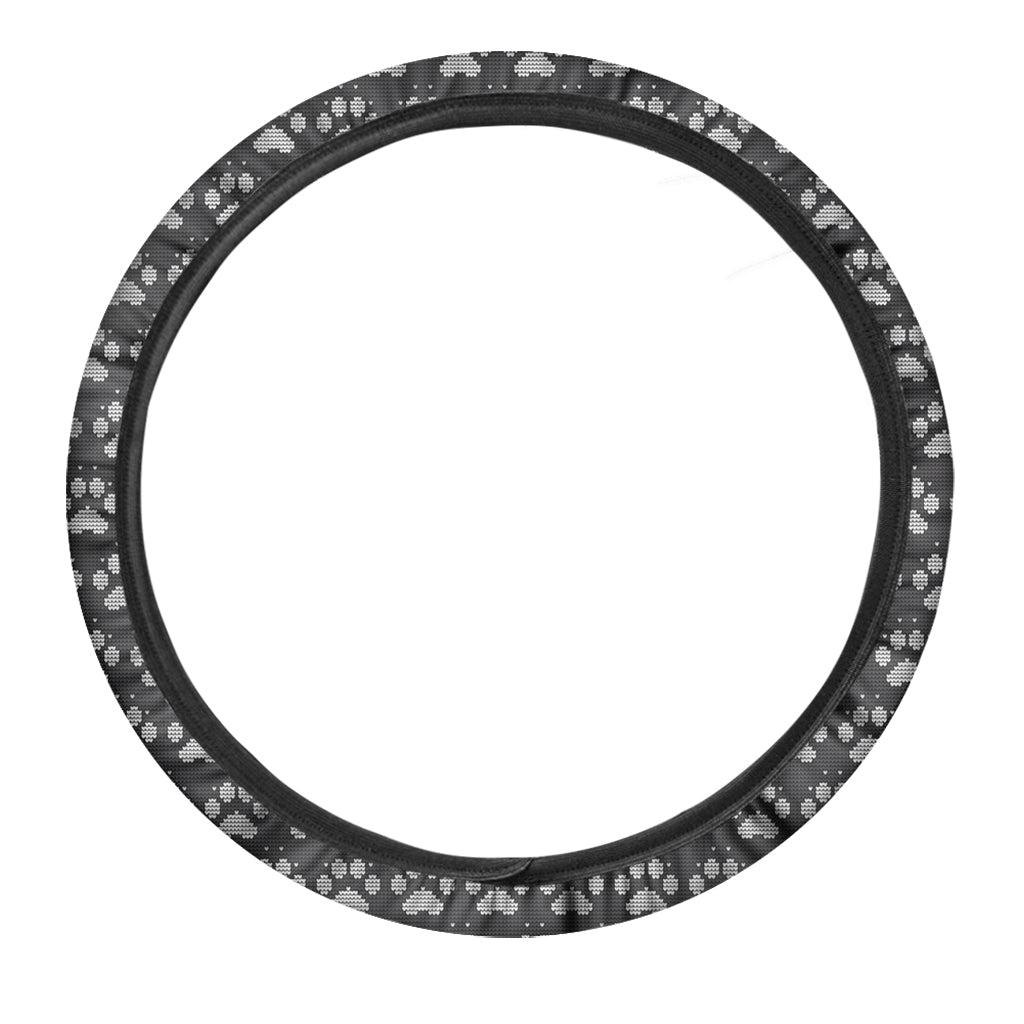 Grey And White Paw Knitted Pattern Print Car Steering Wheel Cover