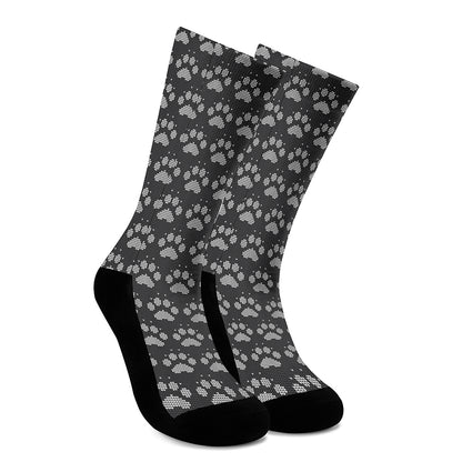Grey And White Paw Knitted Pattern Print Crew Socks