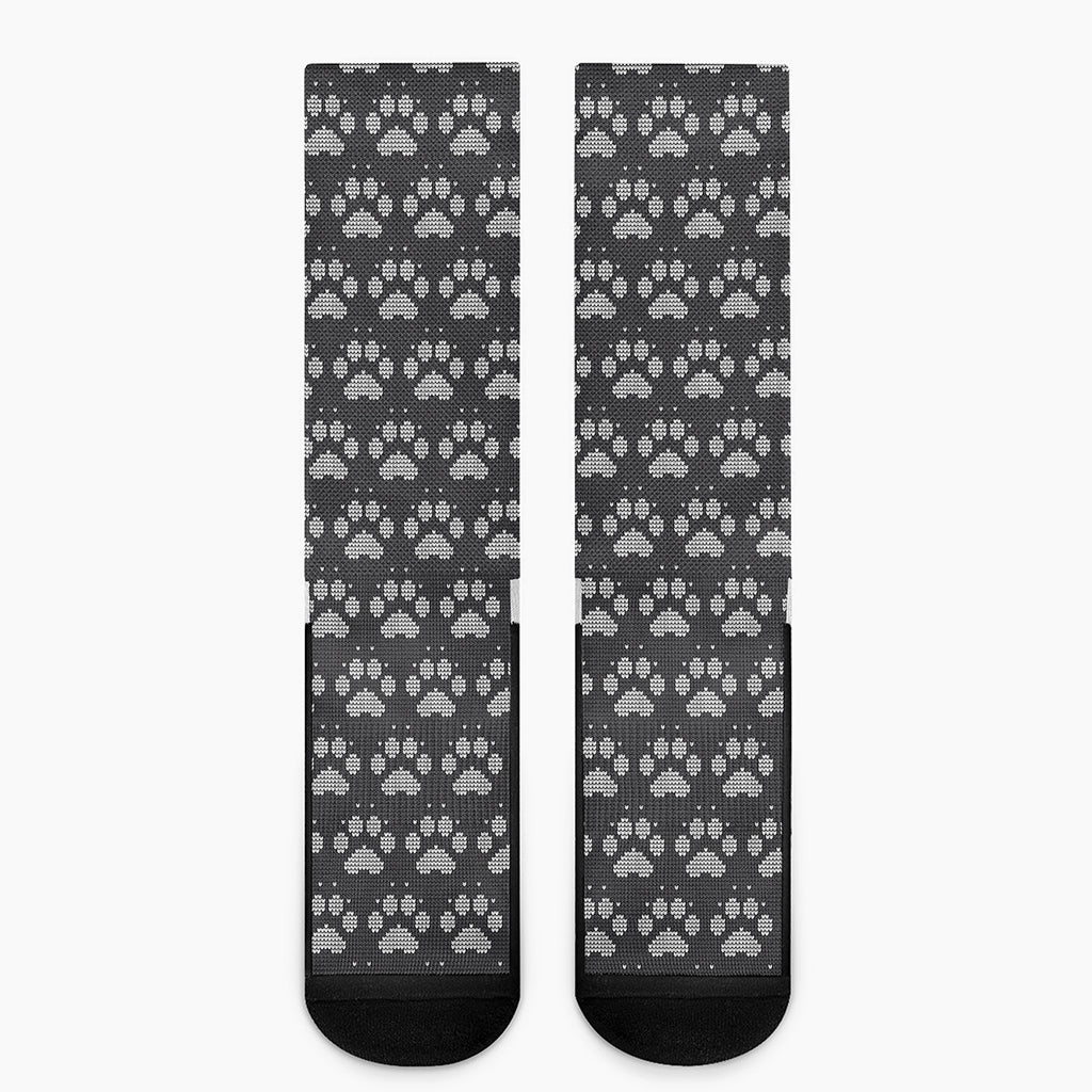 Grey And White Paw Knitted Pattern Print Crew Socks
