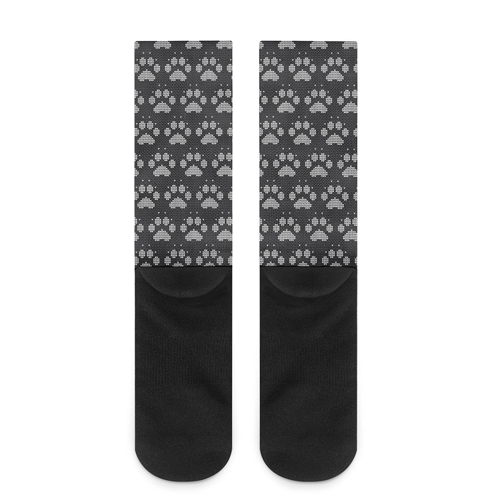 Grey And White Paw Knitted Pattern Print Crew Socks