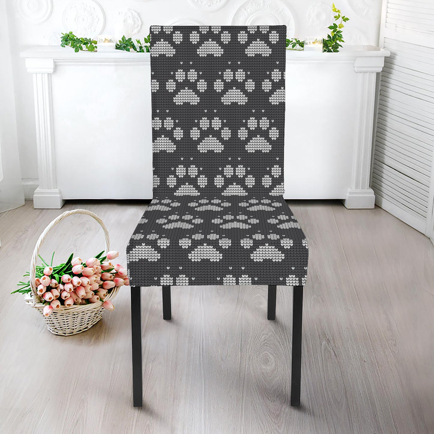Grey And White Paw Knitted Pattern Print Dining Chair Slipcover