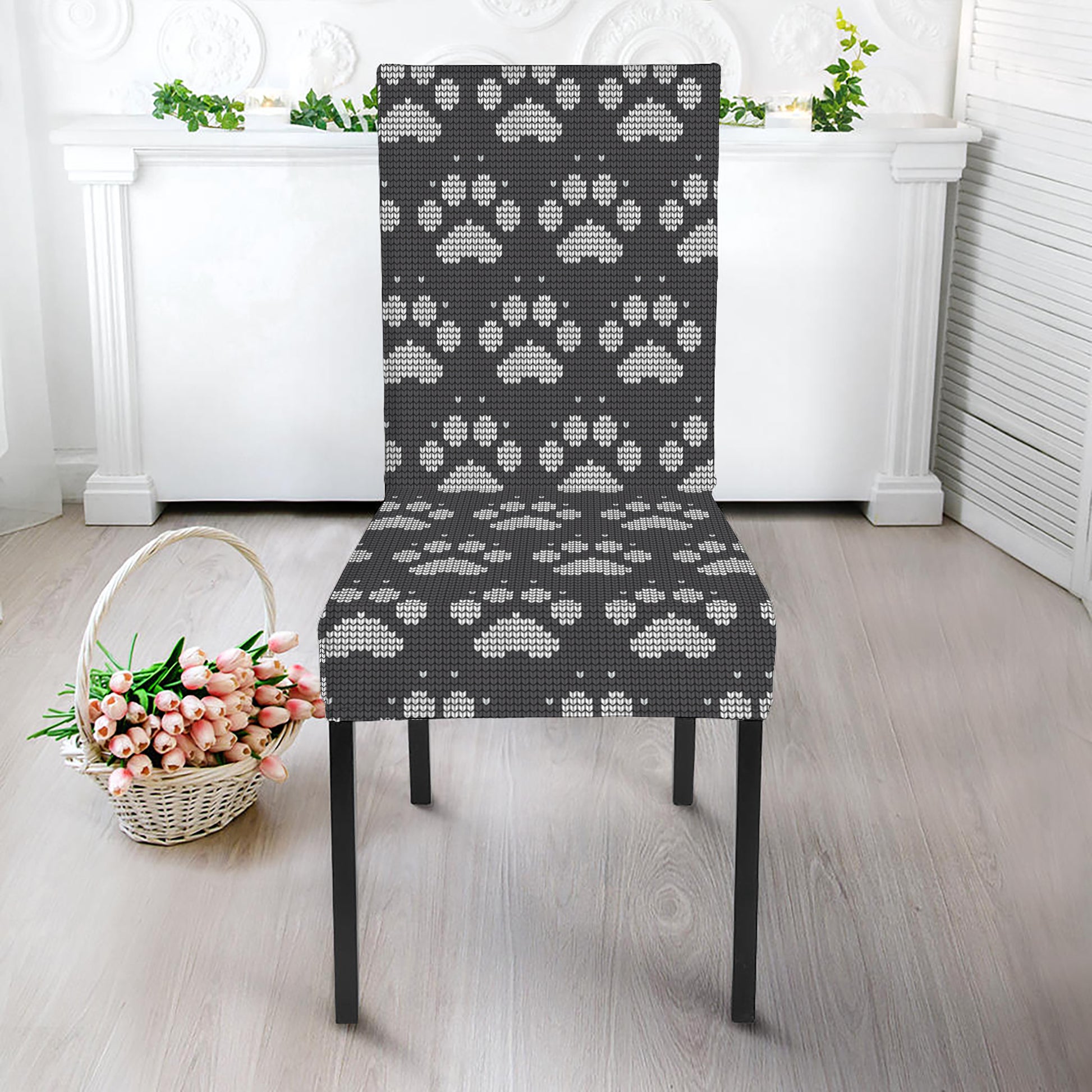 Grey And White Paw Knitted Pattern Print Dining Chair Slipcover