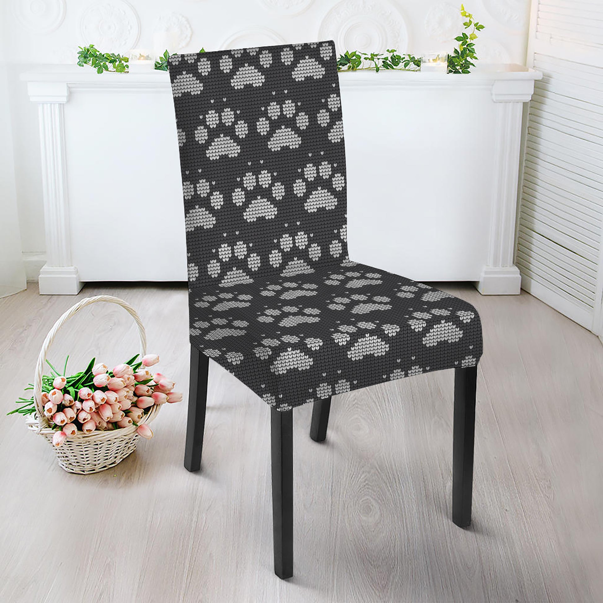 Grey And White Paw Knitted Pattern Print Dining Chair Slipcover