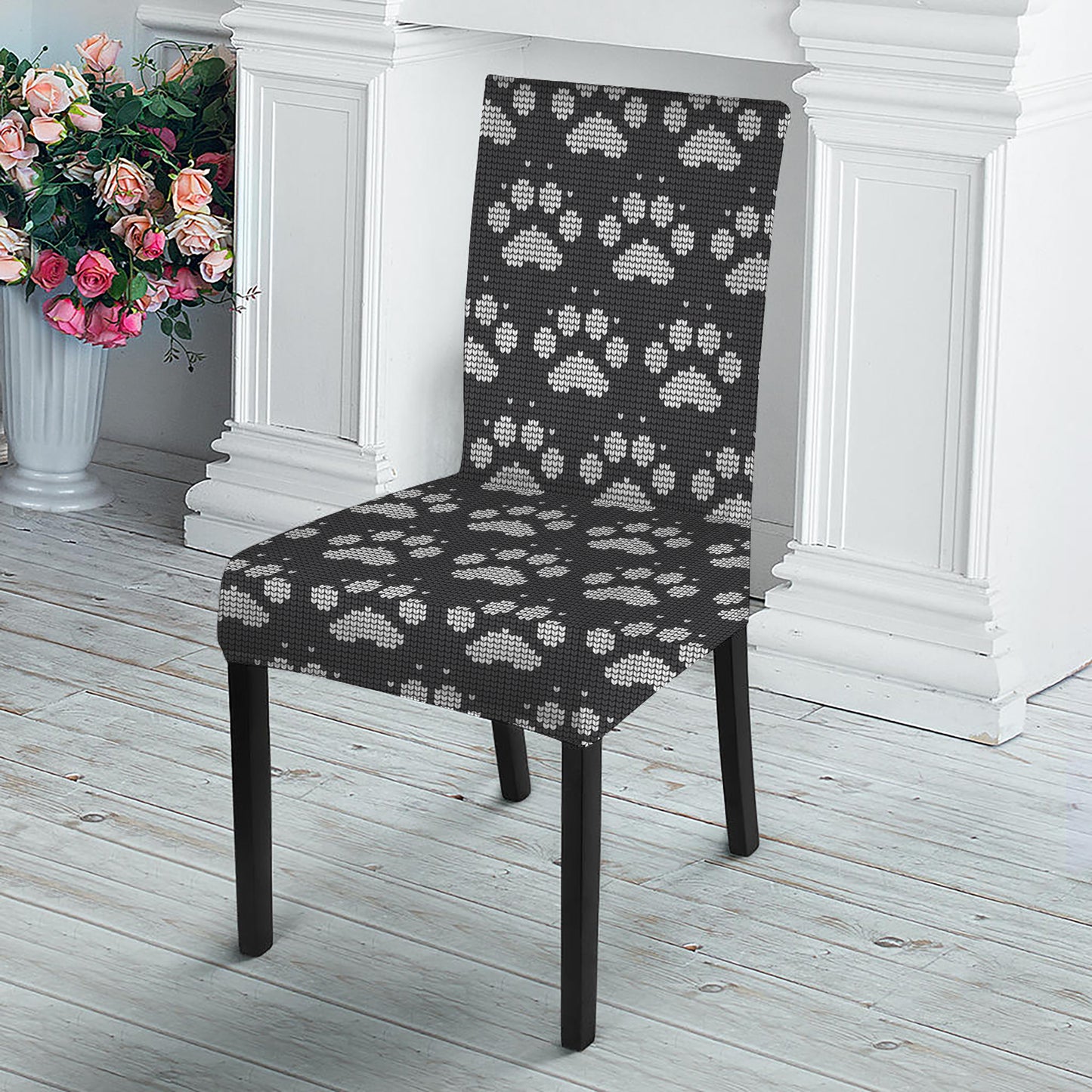 Grey And White Paw Knitted Pattern Print Dining Chair Slipcover