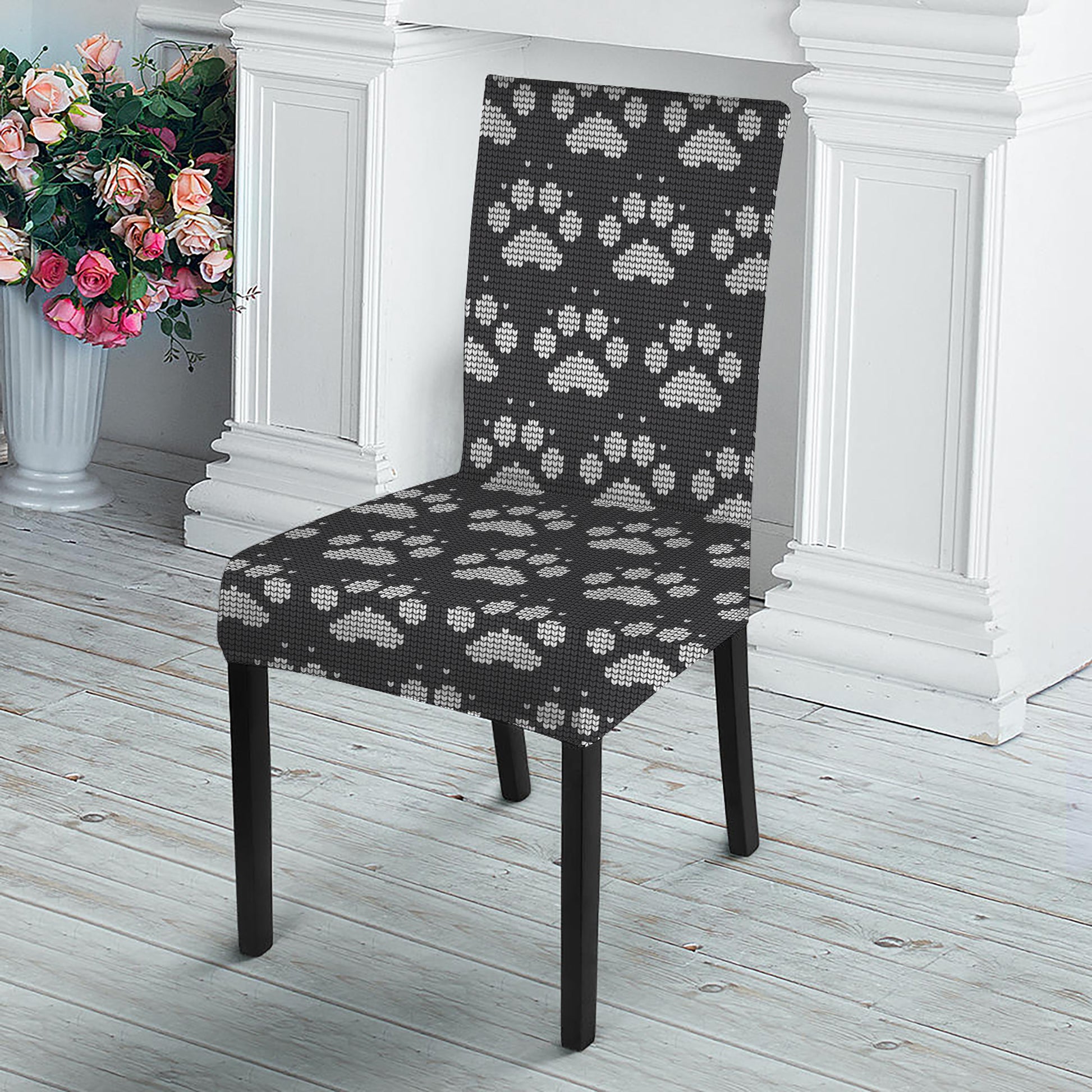 Grey And White Paw Knitted Pattern Print Dining Chair Slipcover