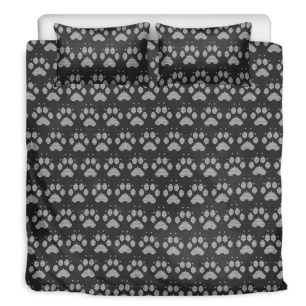 Grey And White Paw Knitted Pattern Print Duvet Cover Bedding Set