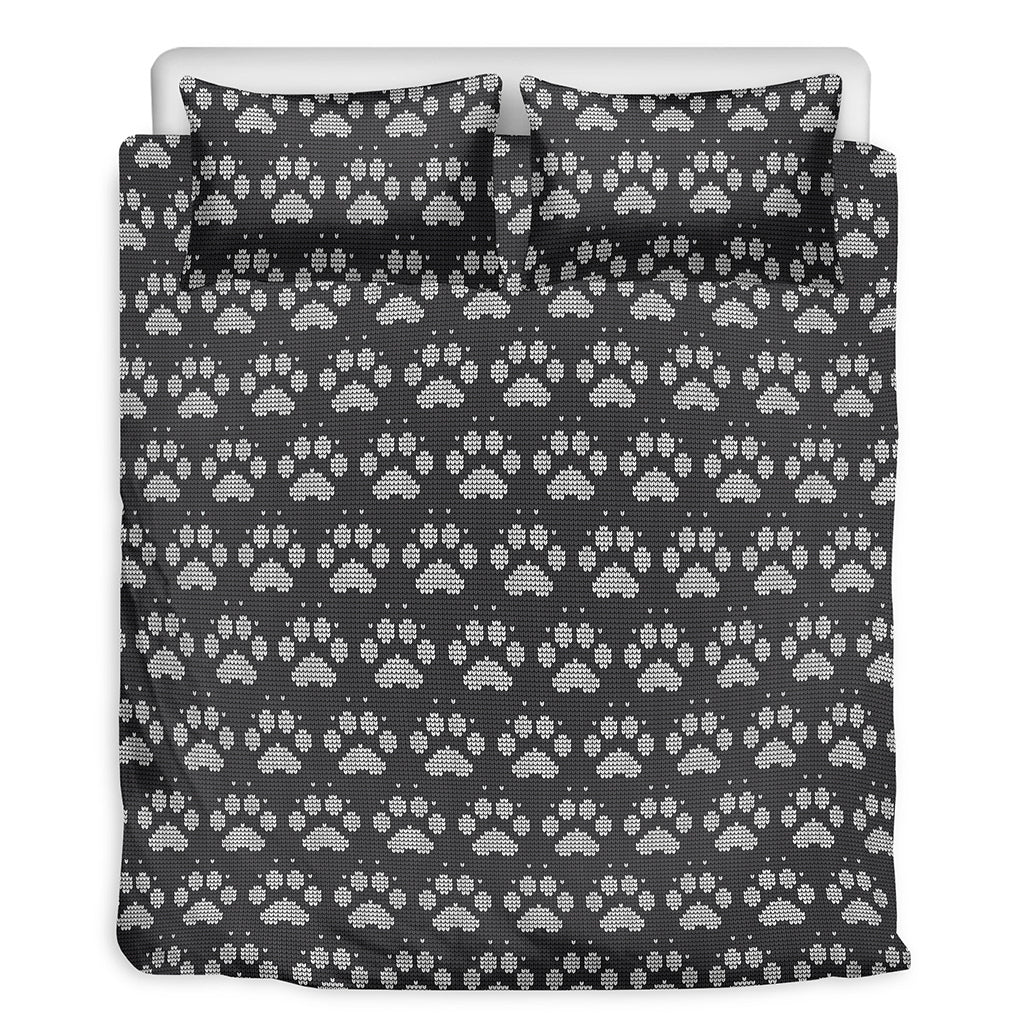 Grey And White Paw Knitted Pattern Print Duvet Cover Bedding Set