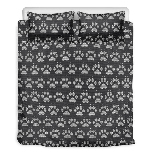 Grey And White Paw Knitted Pattern Print Duvet Cover Bedding Set