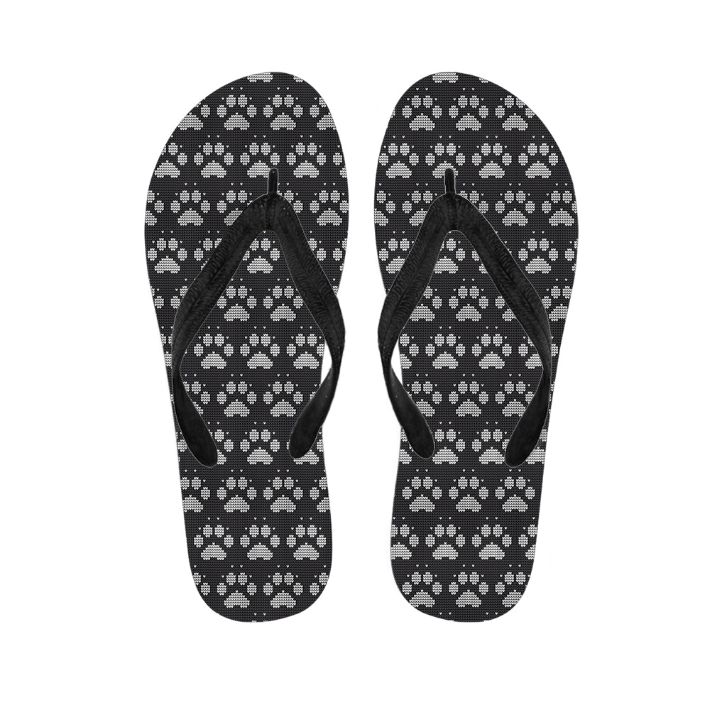 Grey And White Paw Knitted Pattern Print Flip Flops