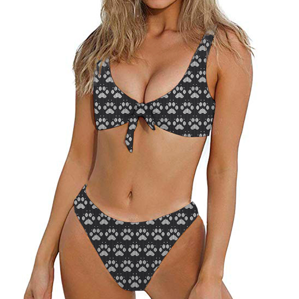 Grey And White Paw Knitted Pattern Print Front Bow Tie Bikini