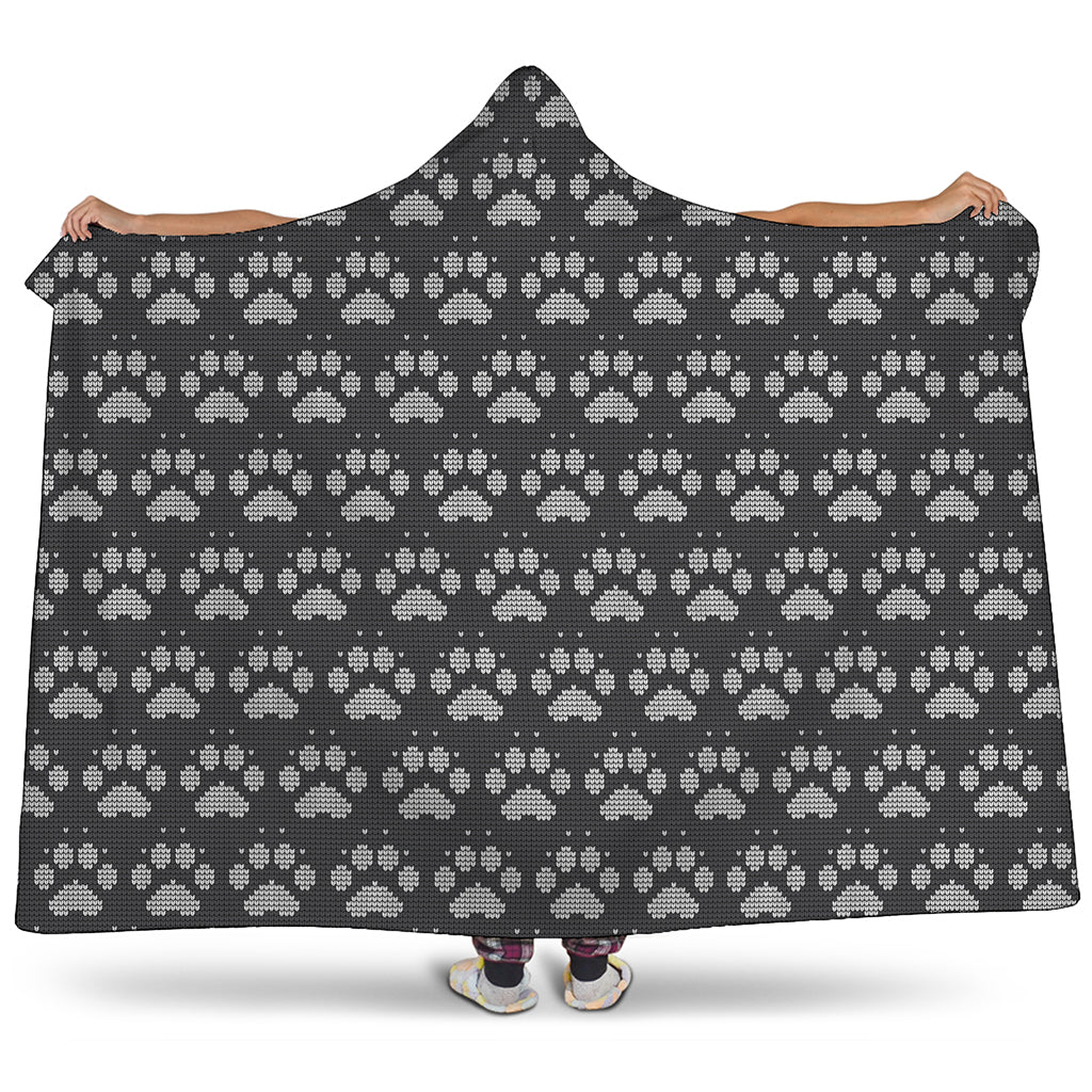 Grey And White Paw Knitted Pattern Print Hooded Blanket