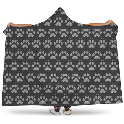 Grey And White Paw Knitted Pattern Print Hooded Blanket