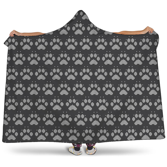 Grey And White Paw Knitted Pattern Print Hooded Blanket