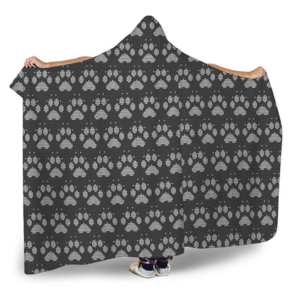 Grey And White Paw Knitted Pattern Print Hooded Blanket