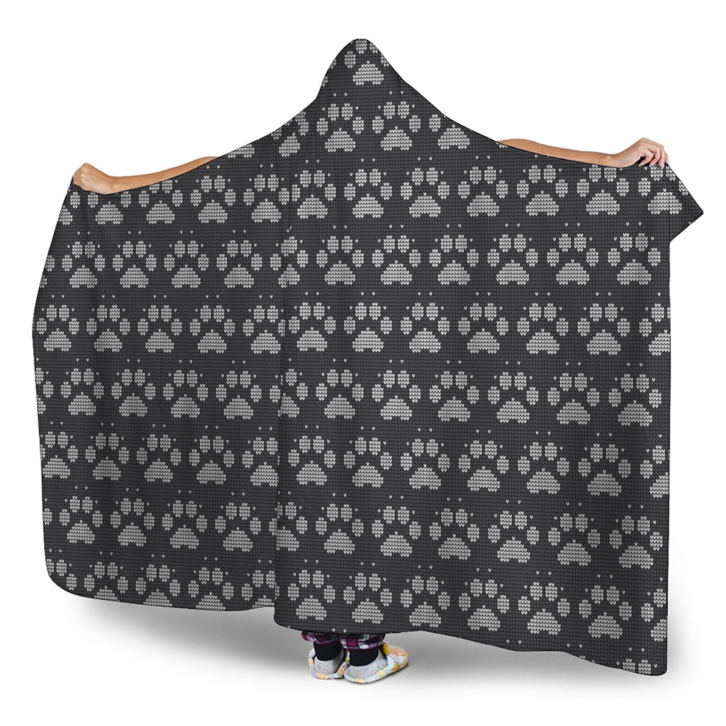 Grey And White Paw Knitted Pattern Print Hooded Blanket