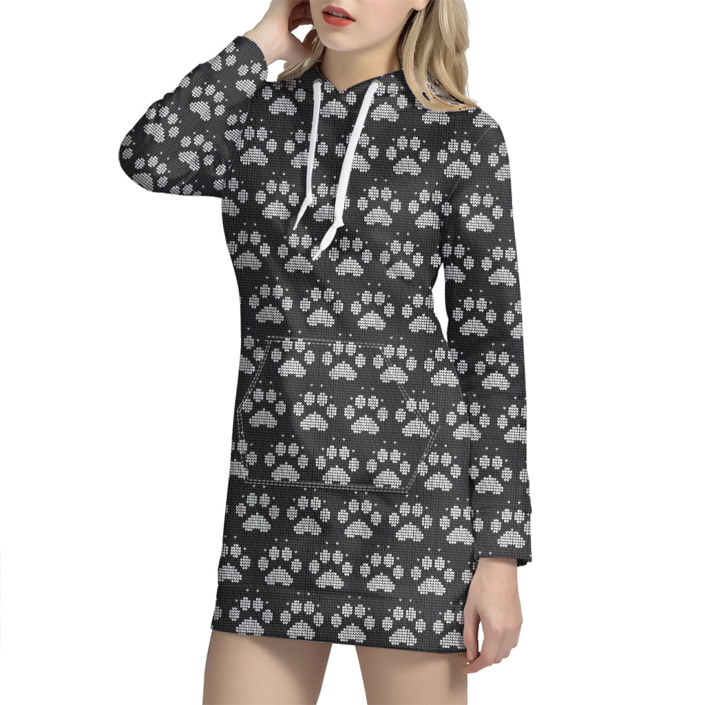 Grey And White Paw Knitted Pattern Print Hoodie Dress