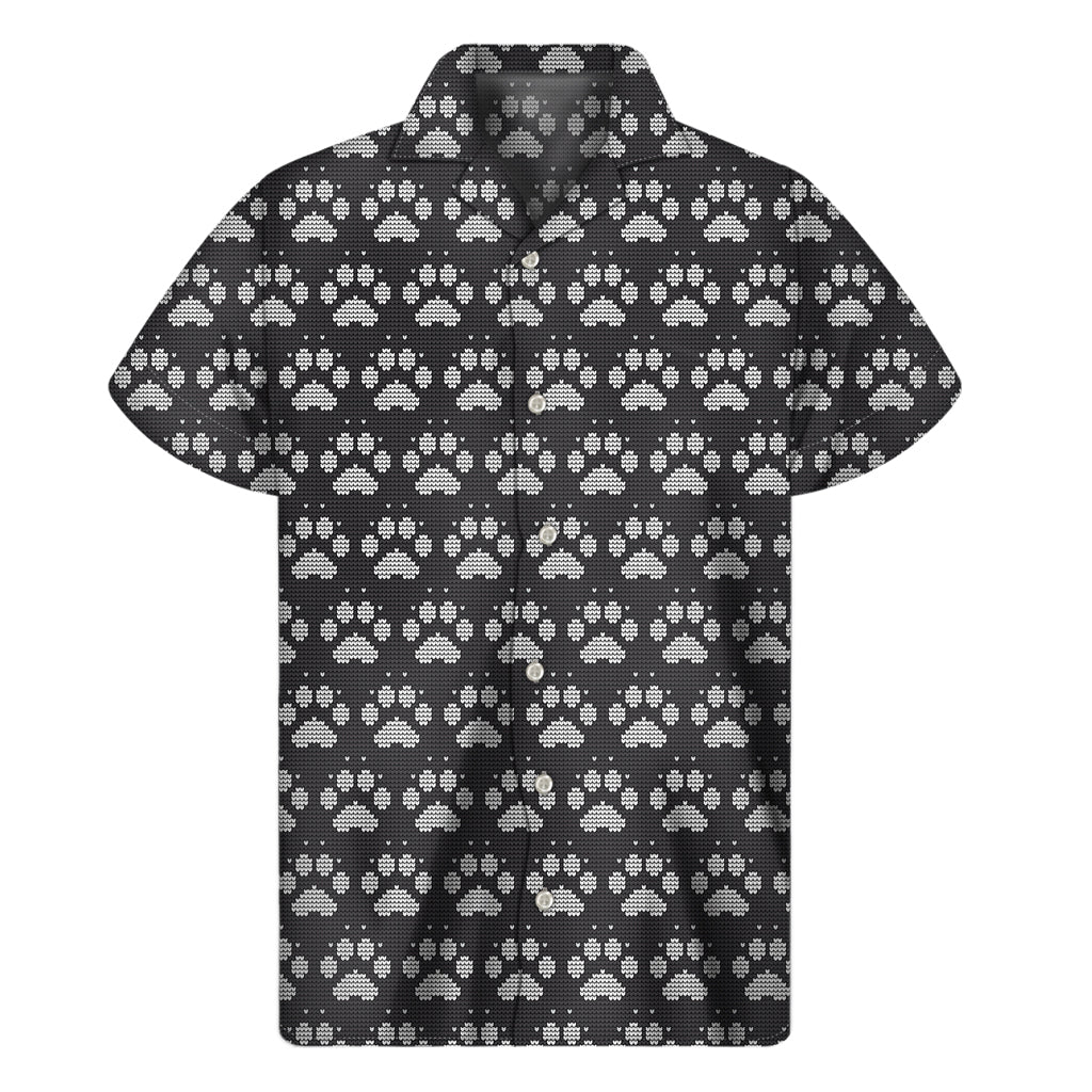 Grey And White Paw Knitted Pattern Print Men's Short Sleeve Shirt