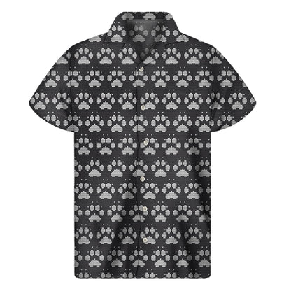 Grey And White Paw Knitted Pattern Print Men's Short Sleeve Shirt