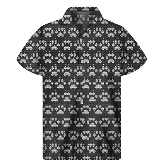 Grey And White Paw Knitted Pattern Print Men's Short Sleeve Shirt