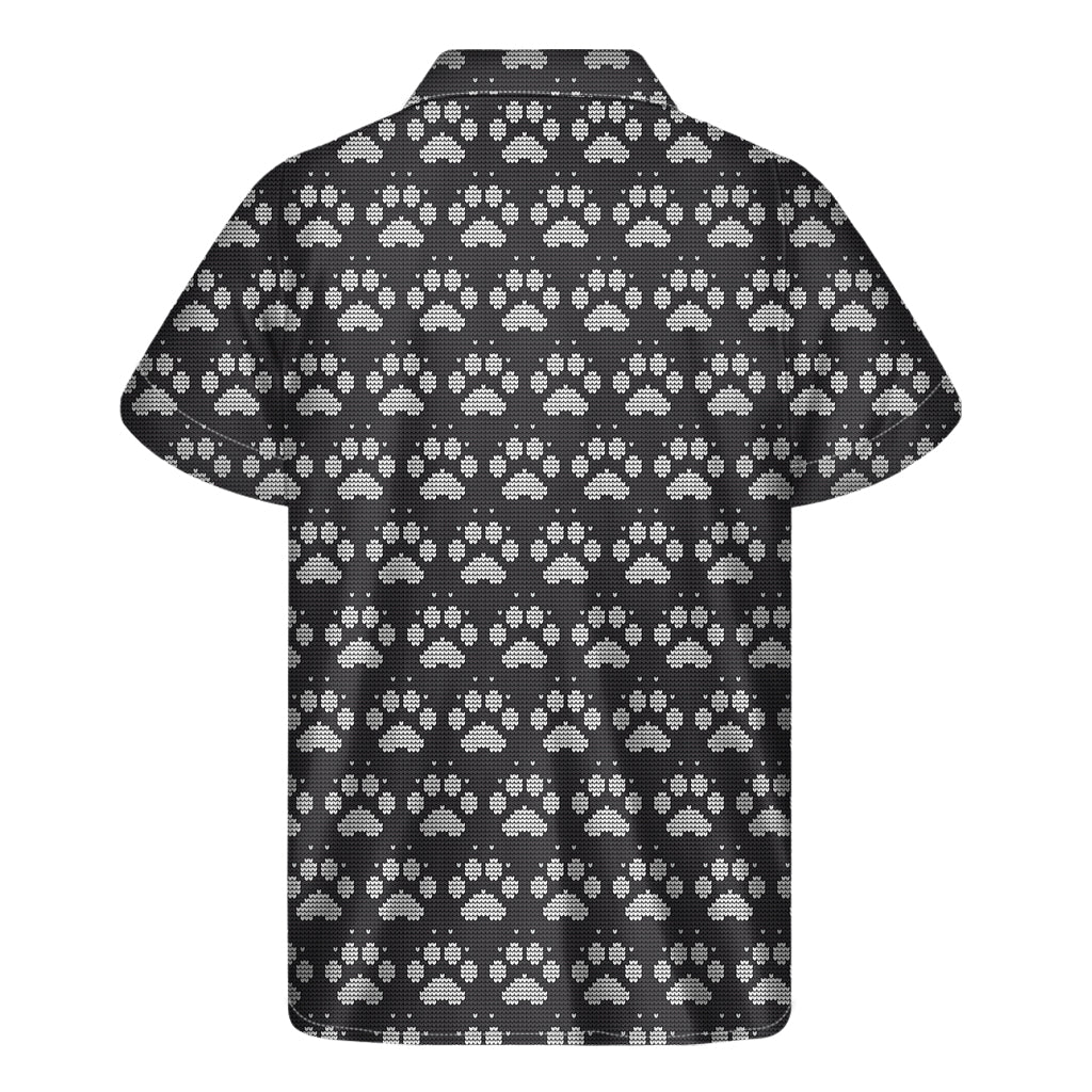Grey And White Paw Knitted Pattern Print Men's Short Sleeve Shirt