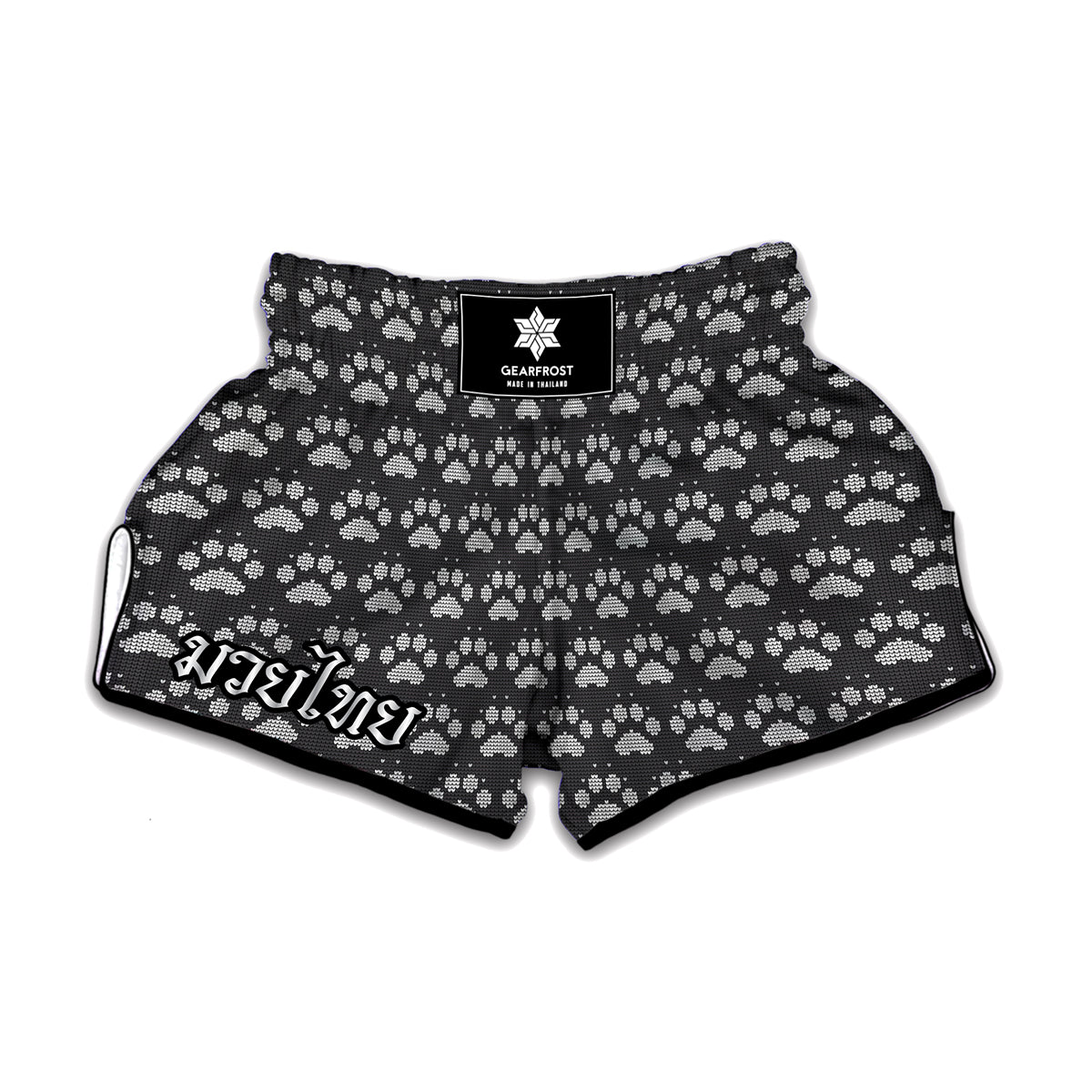 Grey And White Paw Knitted Pattern Print Muay Thai Boxing Shorts