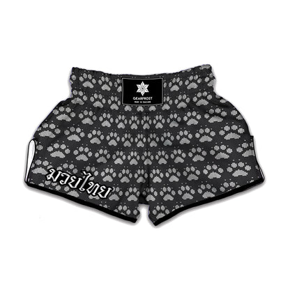 Grey And White Paw Knitted Pattern Print Muay Thai Boxing Shorts
