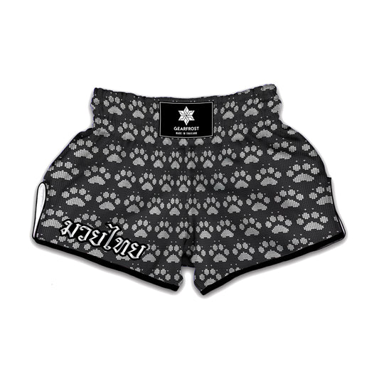 Grey And White Paw Knitted Pattern Print Muay Thai Boxing Shorts