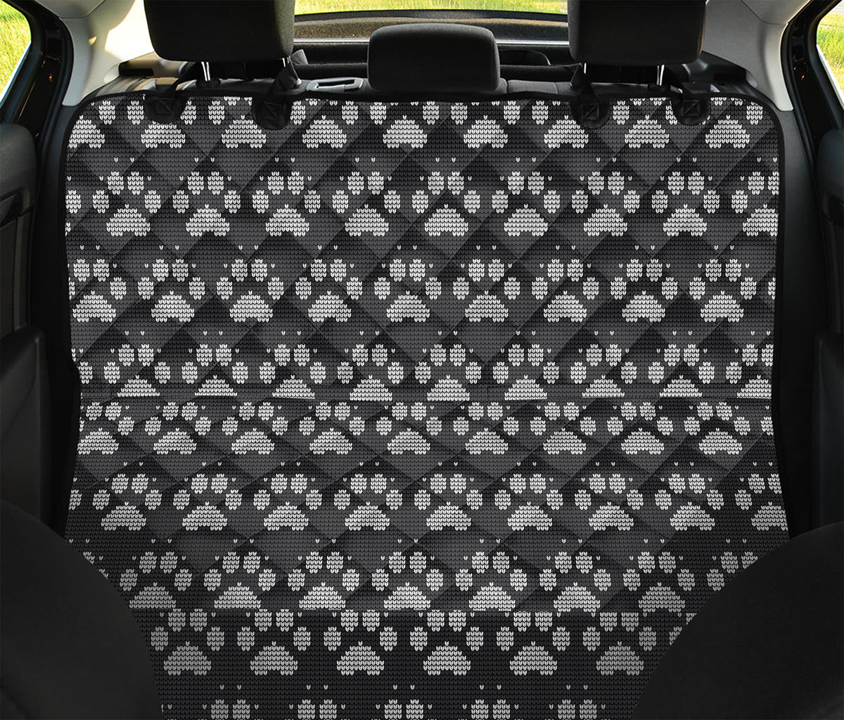 Grey And White Paw Knitted Pattern Print Pet Car Back Seat Cover